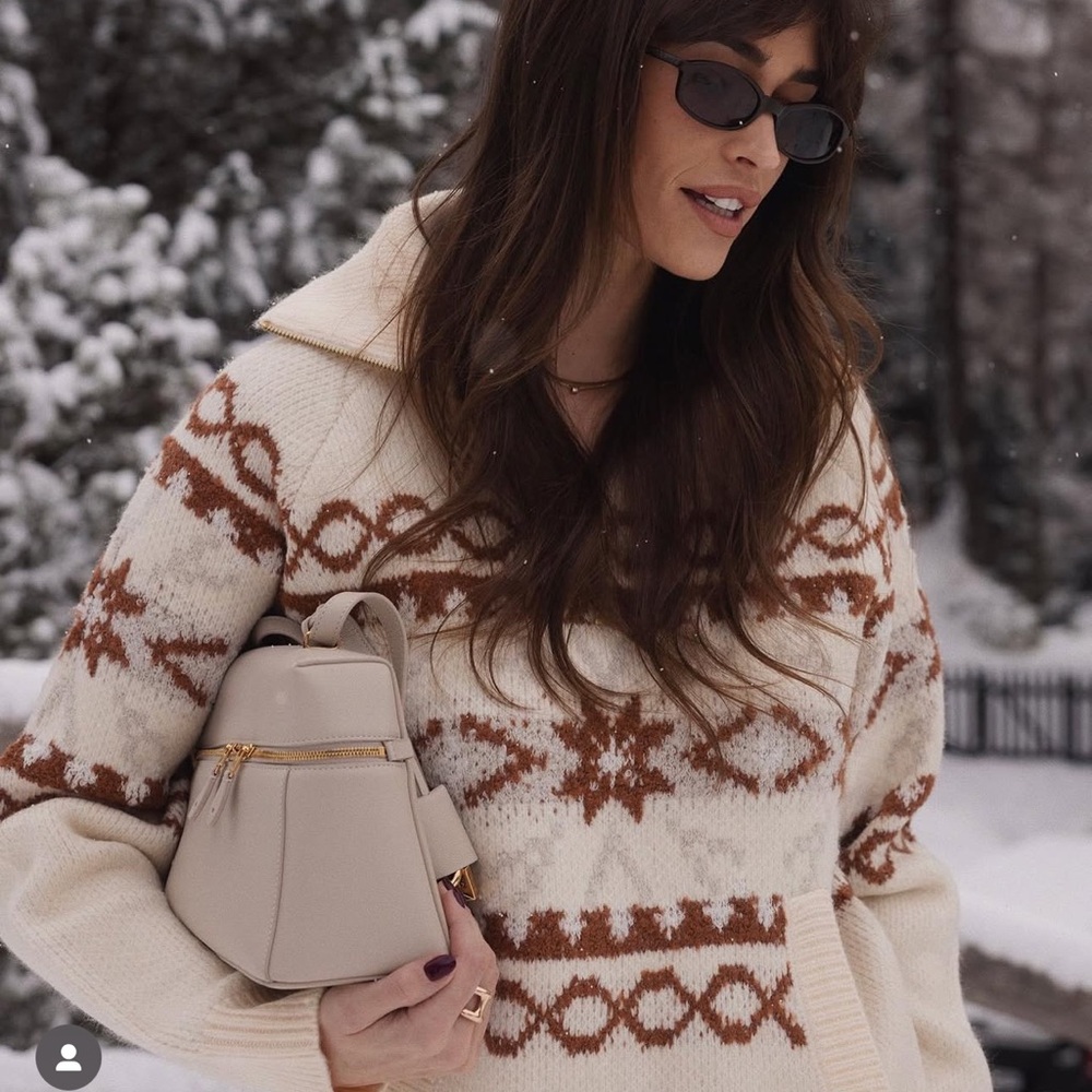 ⛺️🔥Varley Cai Fair Isle Half-Zip cozy Cream/Brown Women's Turtleneck Sweater